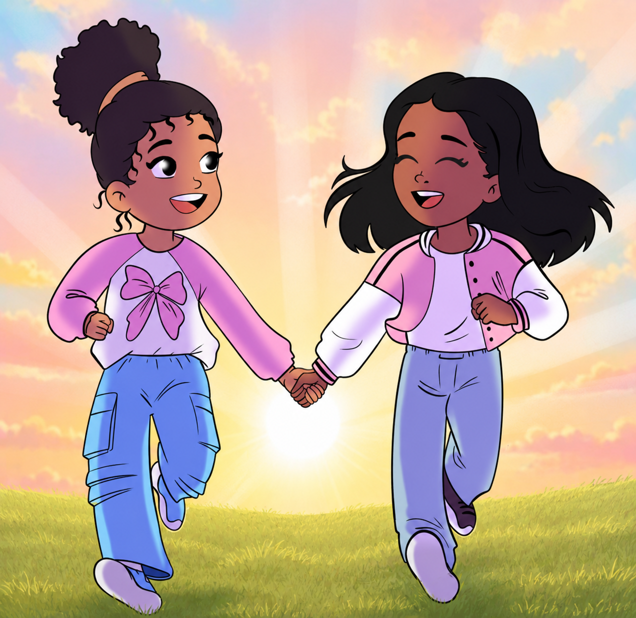 An illustration of two children holding hands, running together