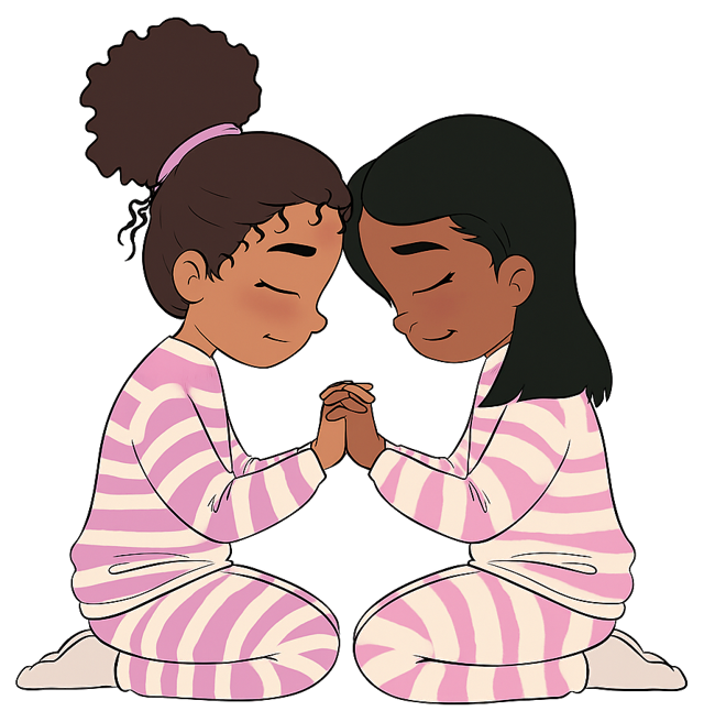 Two girls praying together, illustration from When I Am Afraid