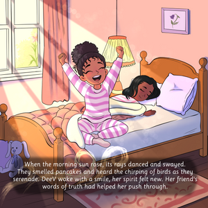 Inside pages of When I'm Afraid Christian picture book. Illustration of two children waking up in a bedroom with a window and lamp in the background. When I Am Afraid Christian children's book about fear and trusting God