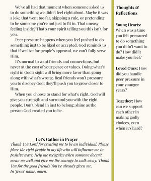 Text document with reflective questions and prayer request on a white background. Scripture and guided reflection inside Gathered family devotional