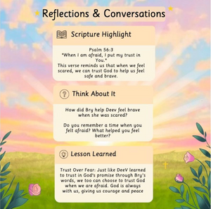 Psalm 56:3 and prayer inside When I'm Afraid children’s book. Educational card with scripture highlight, reflection questions, and lesson learned on a colorful background.