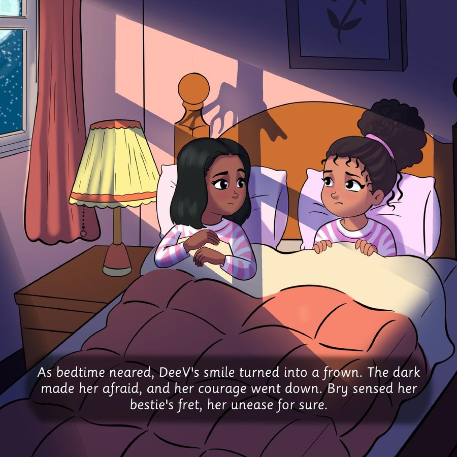 A page from When I Am Afraid, two girls sitting up in bed at night
